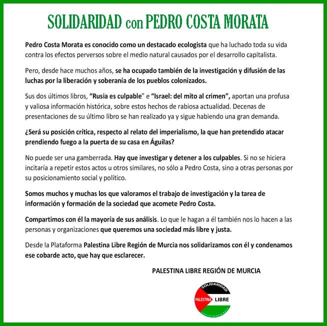 Solidaridad con Pedro Costa Morata de Palestina Libre Región de Murcia.