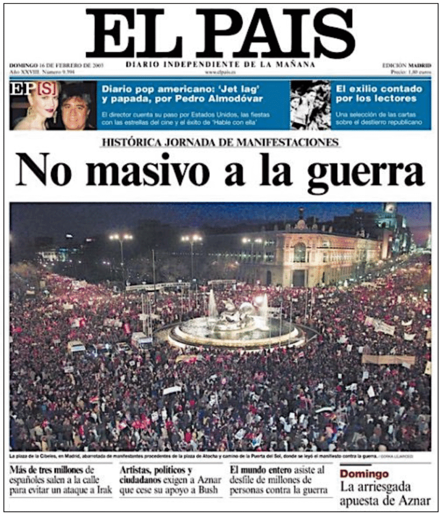 Movilización masiva 16/02/03 contra la guerra de Irak. Fuente: El País.