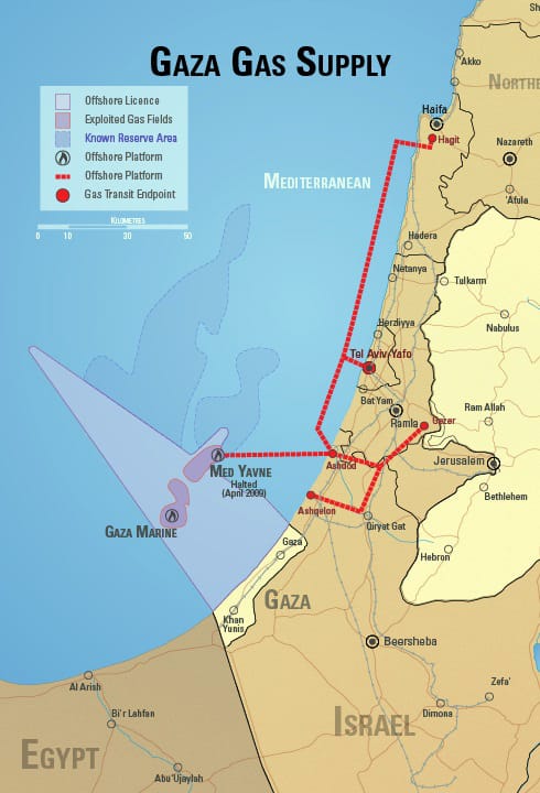 Mapa de la infraestructura gasística y los depósitos de gas natural de Gaza - Fuente - MrDevlar.