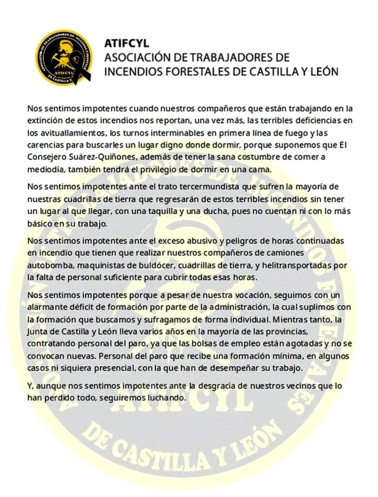 La Asociación de Trabajadores de Incendios Forestales de Castilla y León denuncia su impotencia ante la falta de medios que les suministra su Junta.