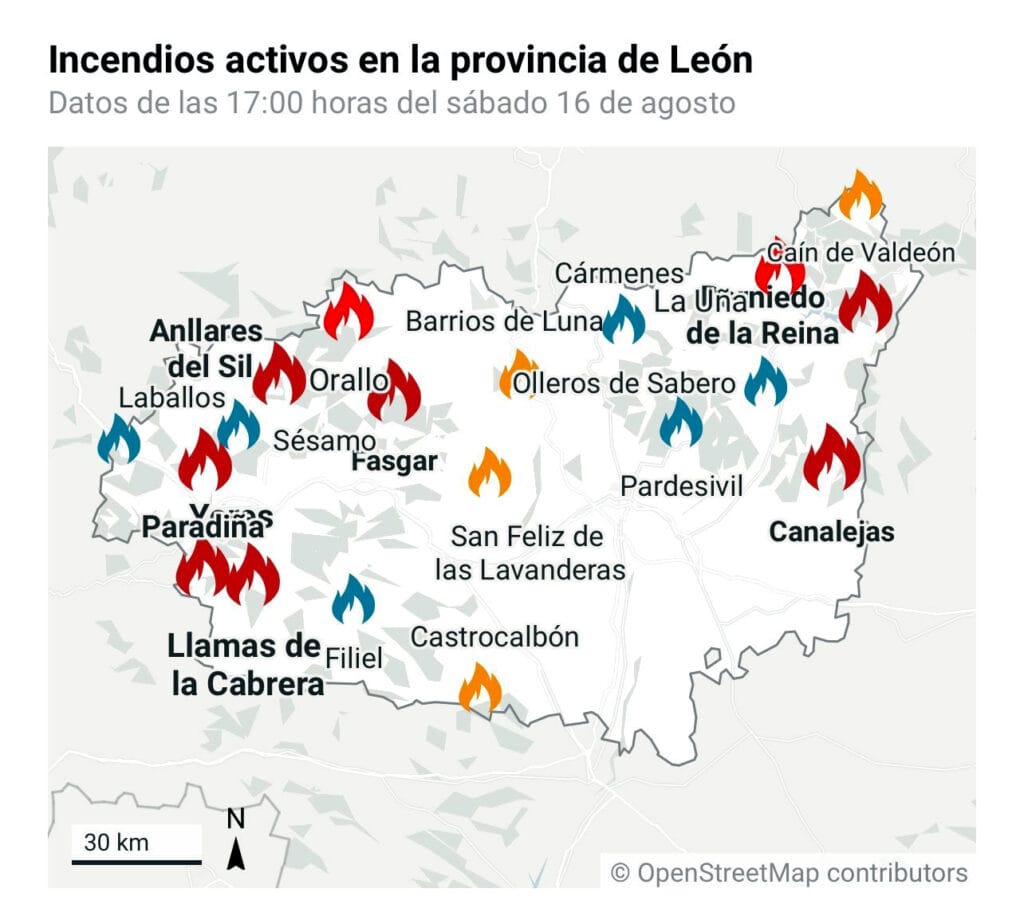 Incendios activos en la provincia de León.