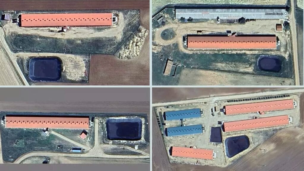 Vista aérea de las cuatro macrogranjas porcinas activas en Carboneras de Guadazaón. Fotografía: Pueblos Vivos Cuenca.