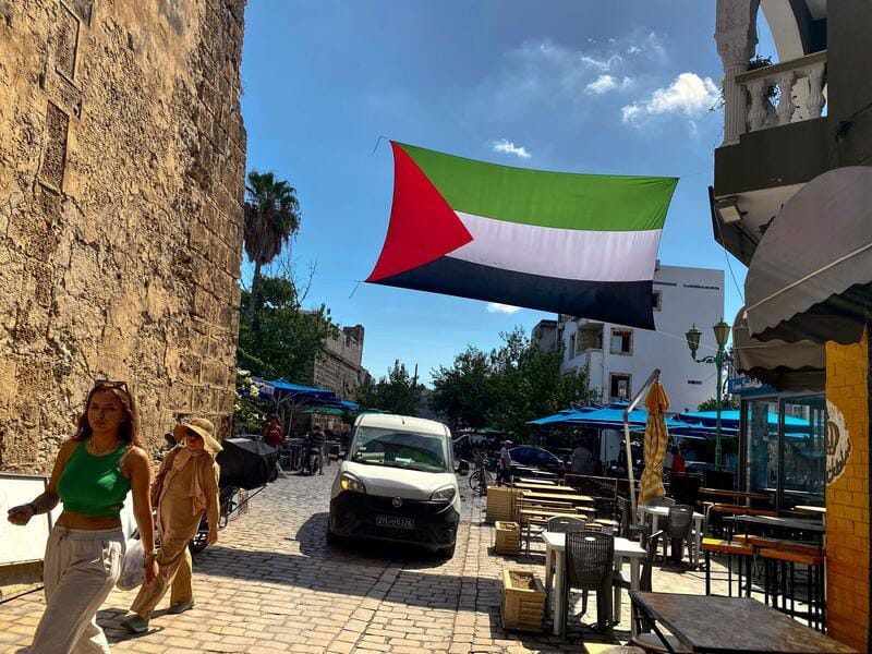 Calles tunecinas en las que la población ha colgado banderas palestinas para mostrar su solidaridad.